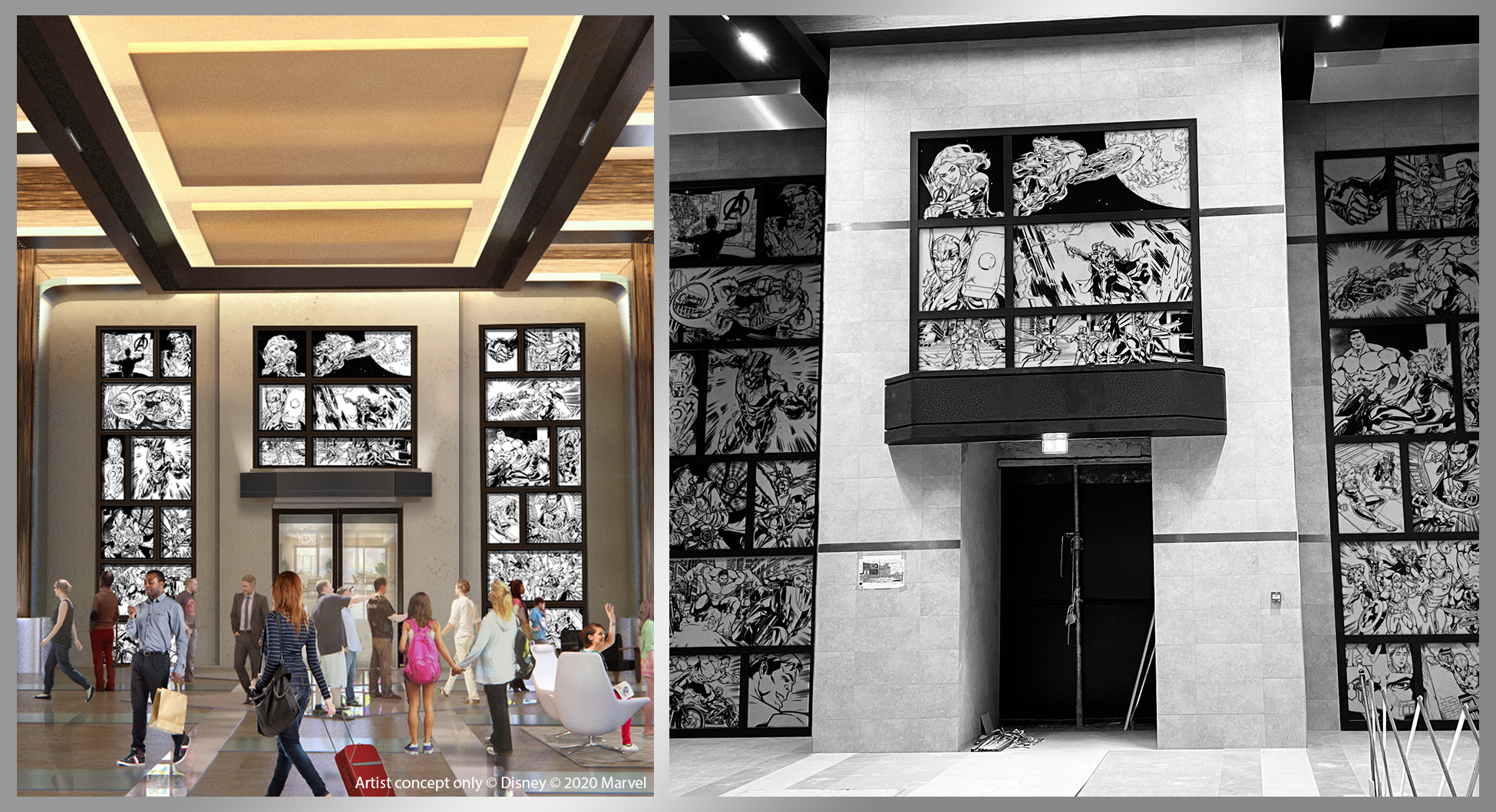 Le lobby du futur hôtel Disney’s Hotel New York – The Art of Marvel, à Disneyland Paris 