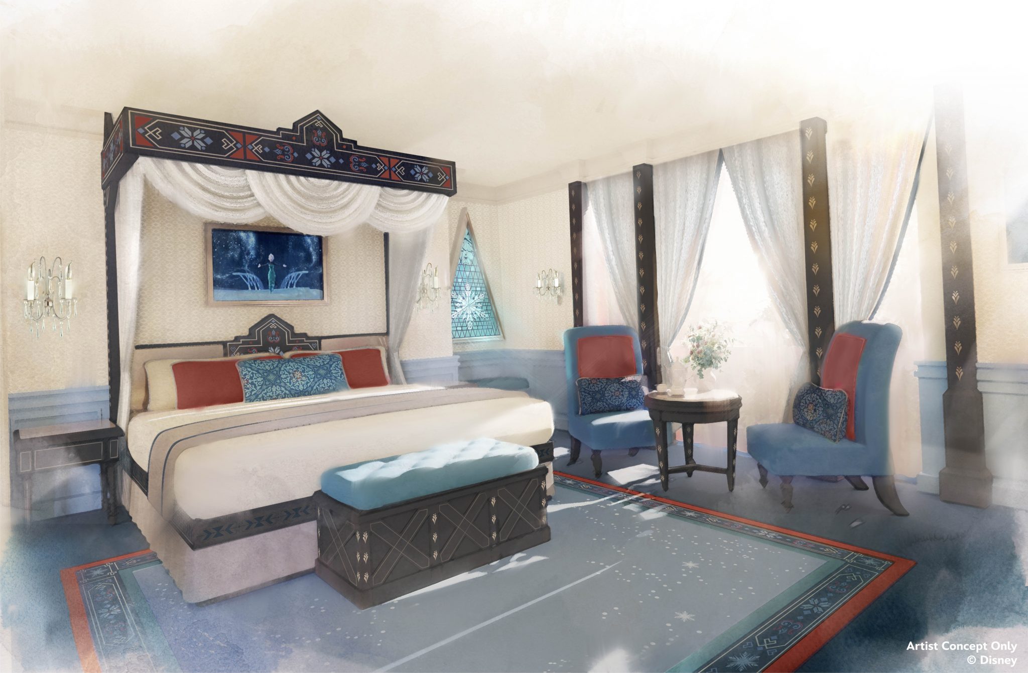 Arte conceitual mostra quarto inspirado em “Frozen” para hotel Disney